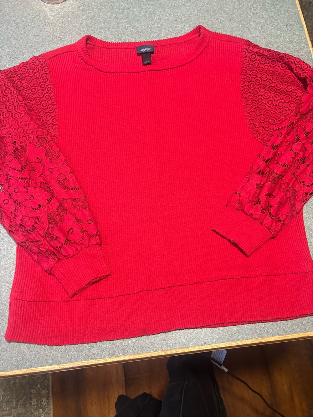 Daytrip Red Lace-Sleeve Crewneck Sweater